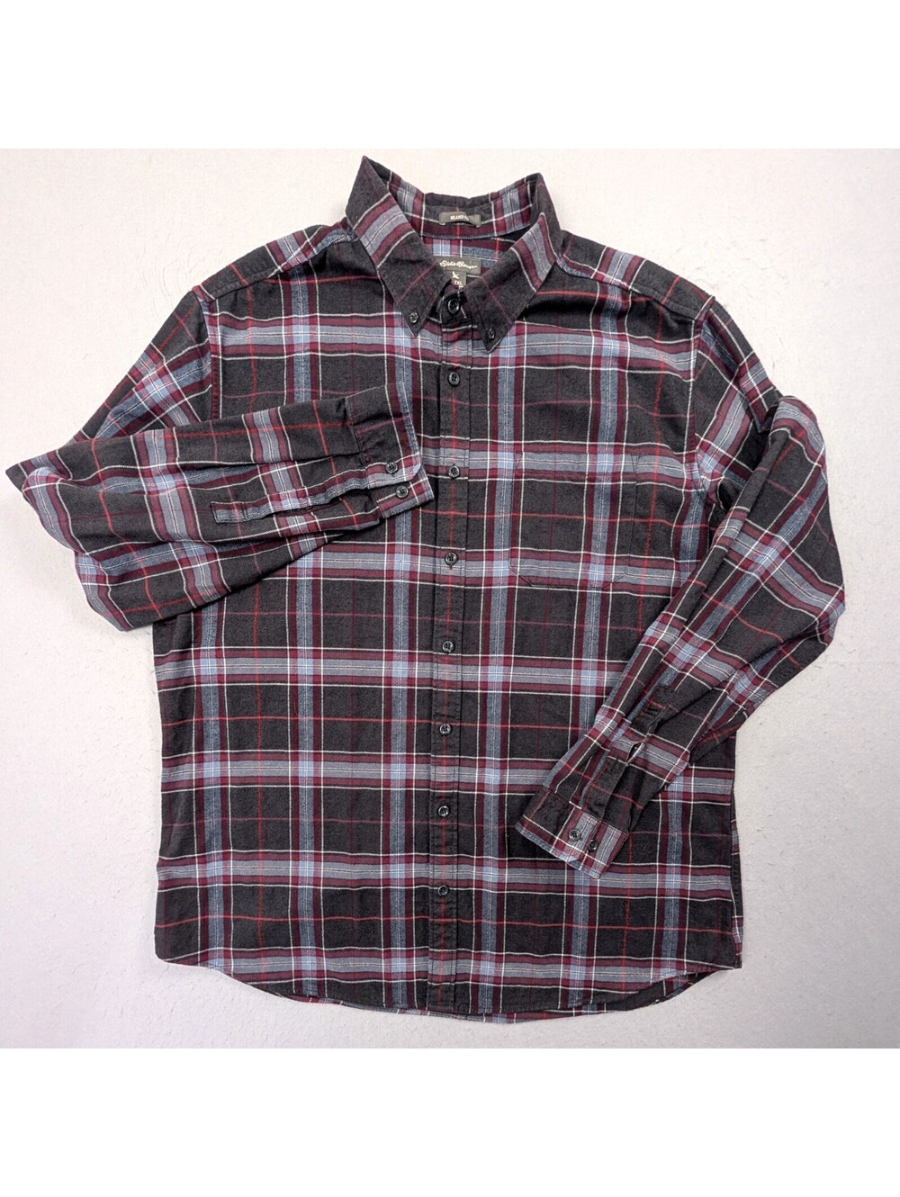 Eddie Bauer Mens TXL XL Tall Flannel Shirt Gray Red Plaid Cotton Relaxed Fit